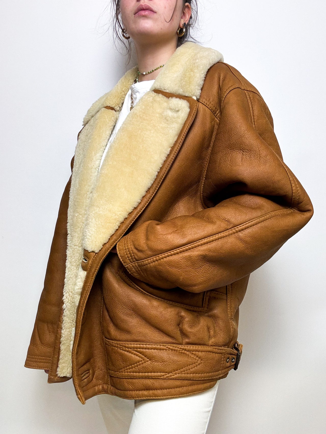 Manteau en cuir et mouton retourné brun L