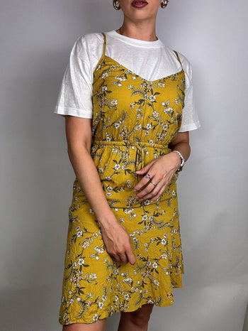 Robe Midi à Bretelle Jaune avec Fleurs