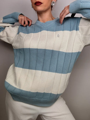 Pull en maille bleu/ blanc Vintage