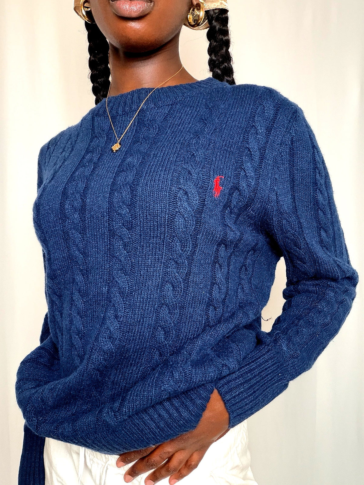 Pull tressé marine Ralph Lauren S vintage