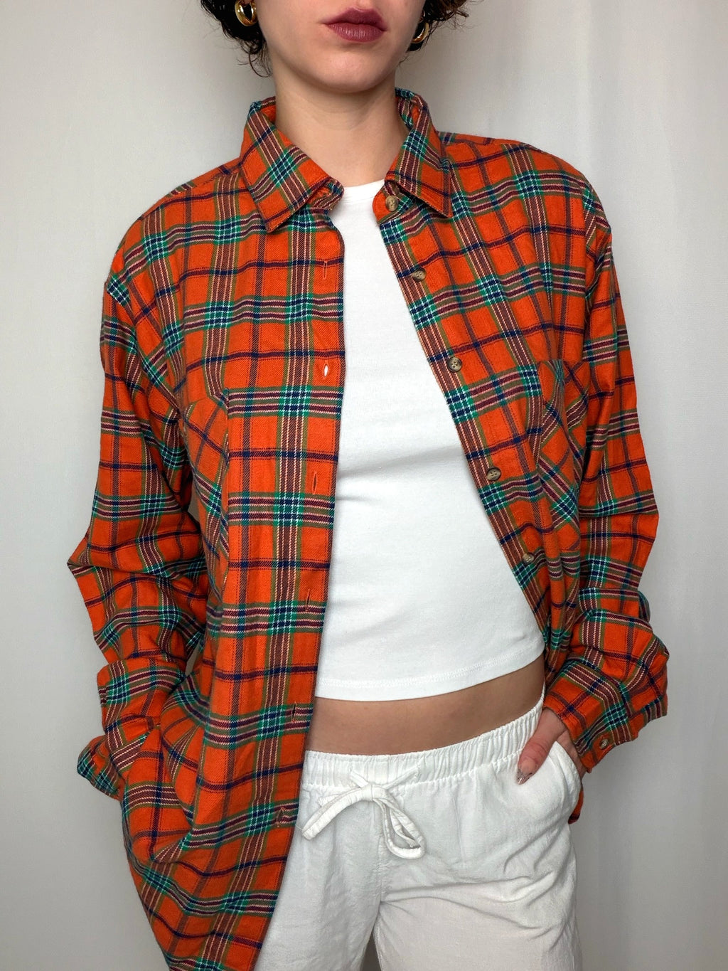 Chemise en flannelle orange à carreaux M vintage