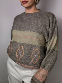 Grey, green &amp; pink patterned knit sweater