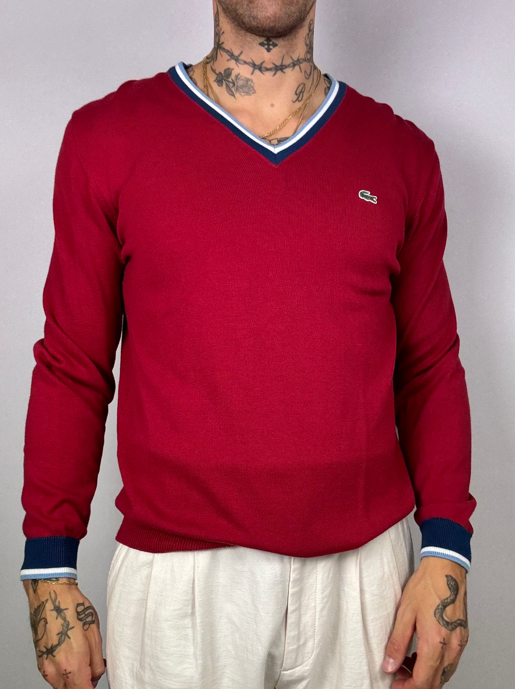 Lacoste pink and blue V-neck sweater
