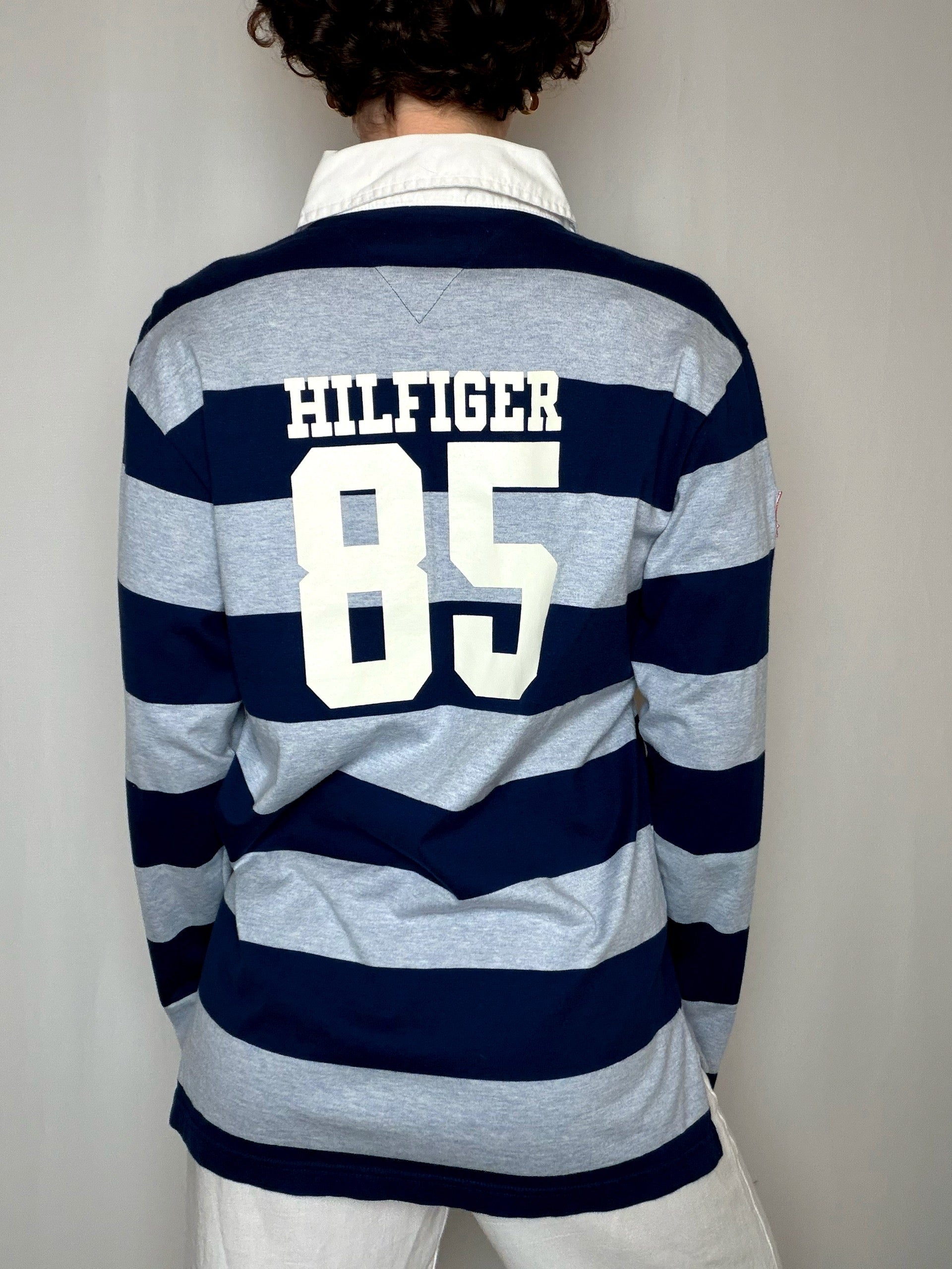 Polo de rugby rayé marine et gris Tommy Hilfiger L vintage