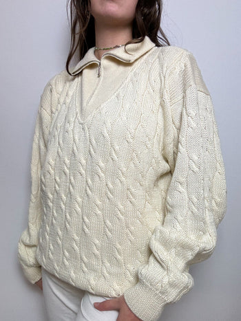 Cream white wool sweater with vintage zip L/XL 