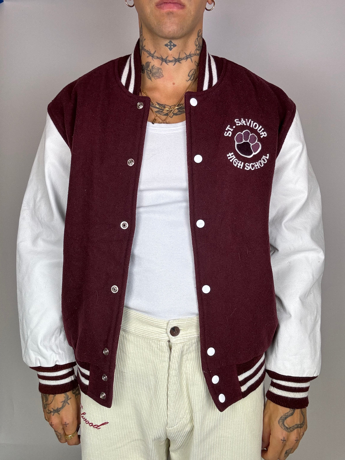 Burgundy and white bomber jacket with vintage leather sleeves