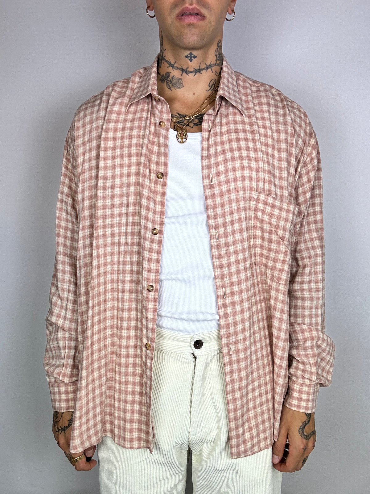 Loose-fitting checked shirt in vintage salmon tones