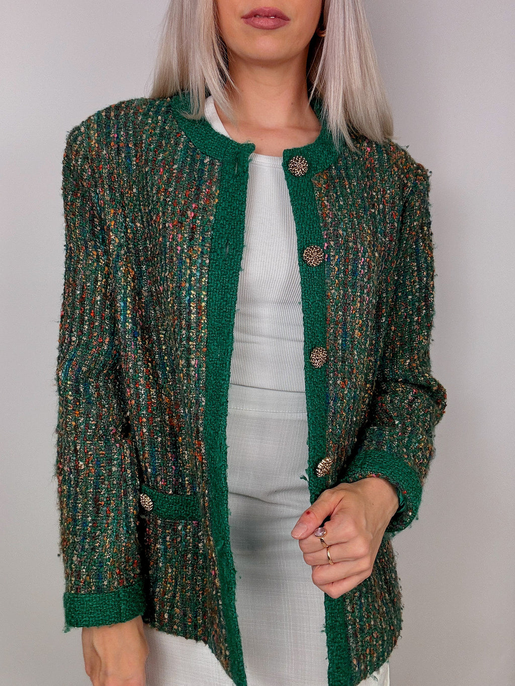 vintage green tweed round neck blazer