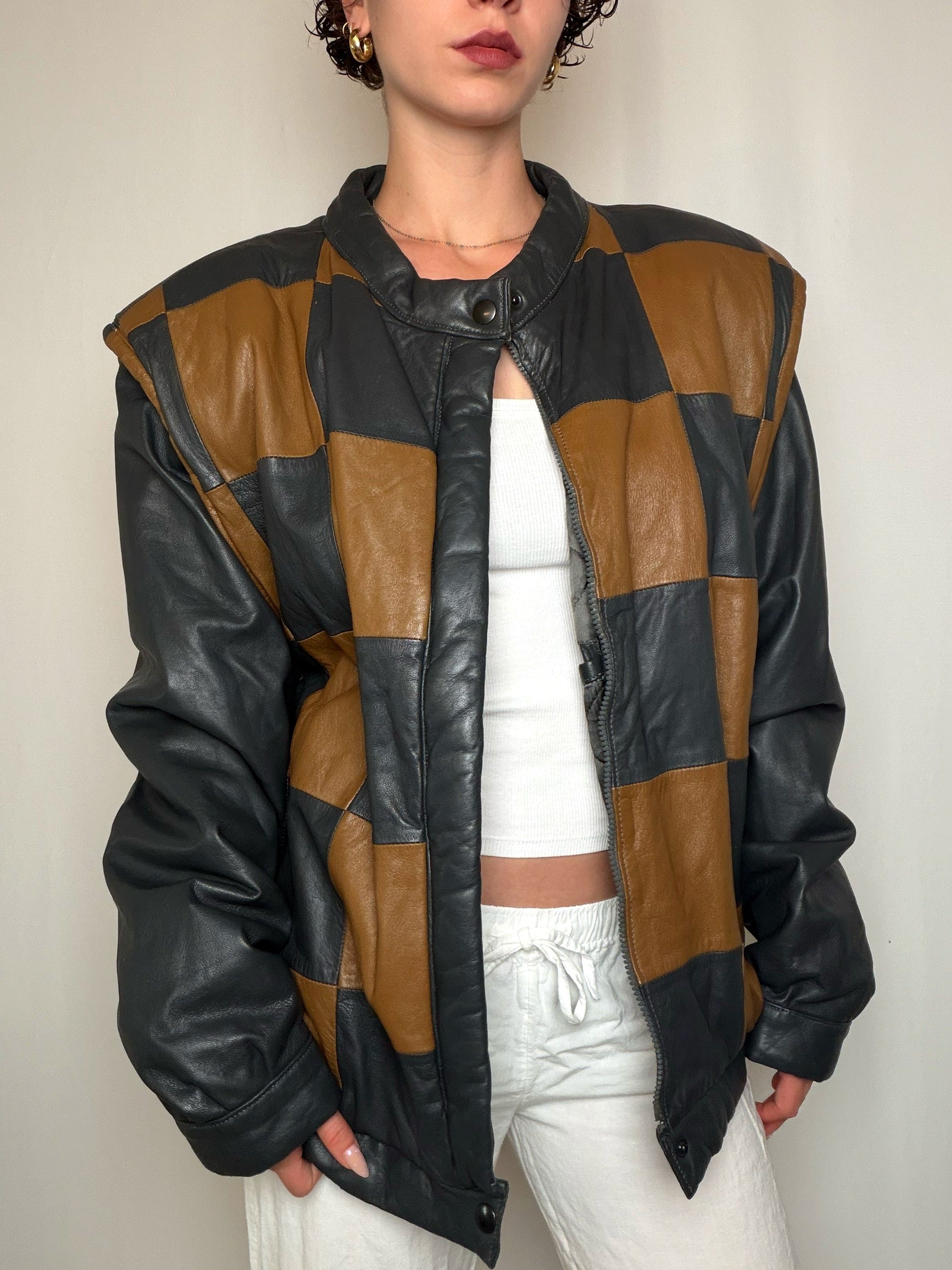 Veste en cuir à damier XL vintage