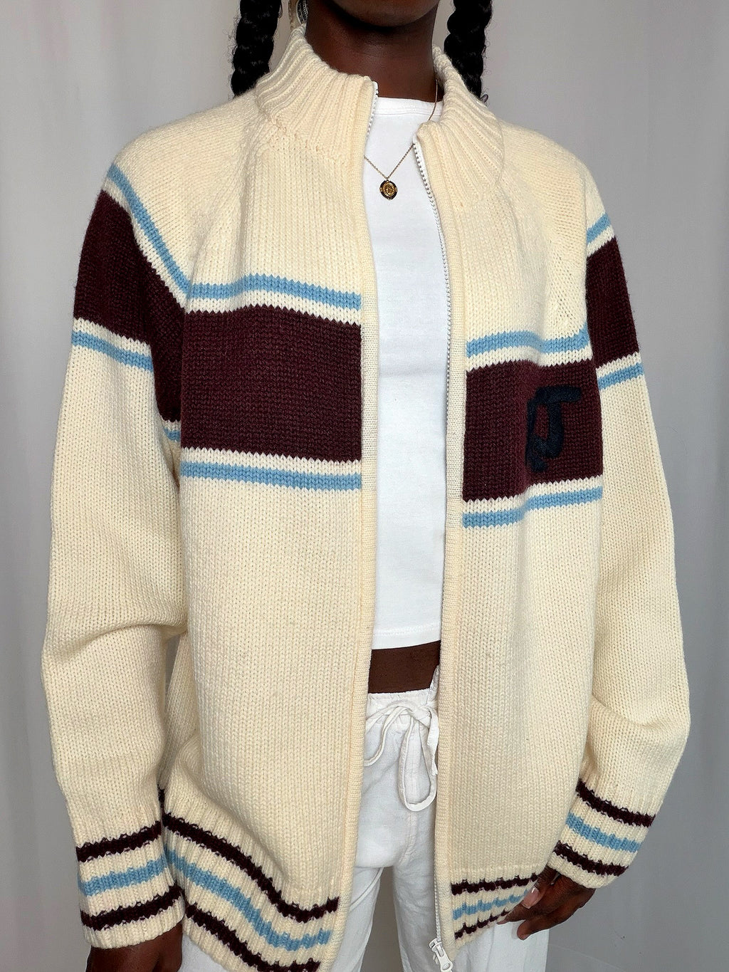 Cardigan à zip Ecru bordeaux et bleu Rifle XL vintage