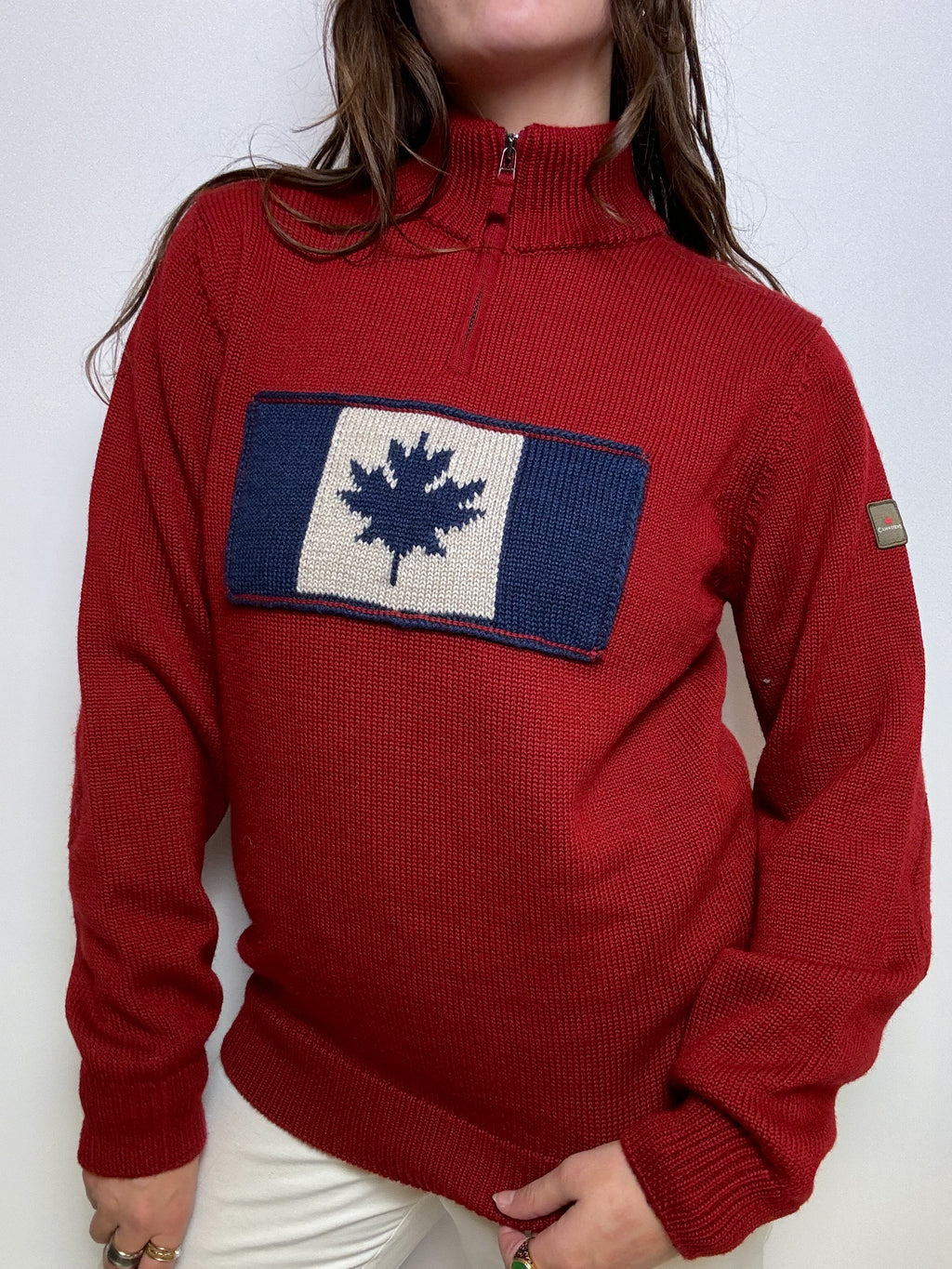 Red wool sweater with vintage zip M/L 