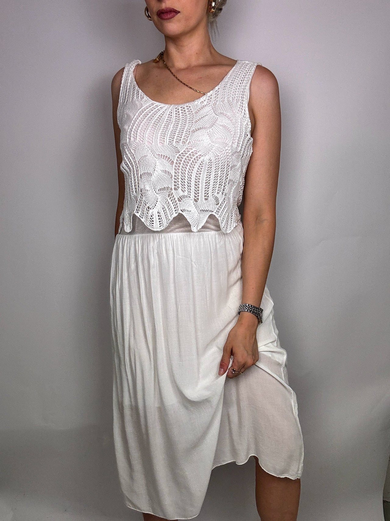 White Sleeveless Long Dress with Crochet Details