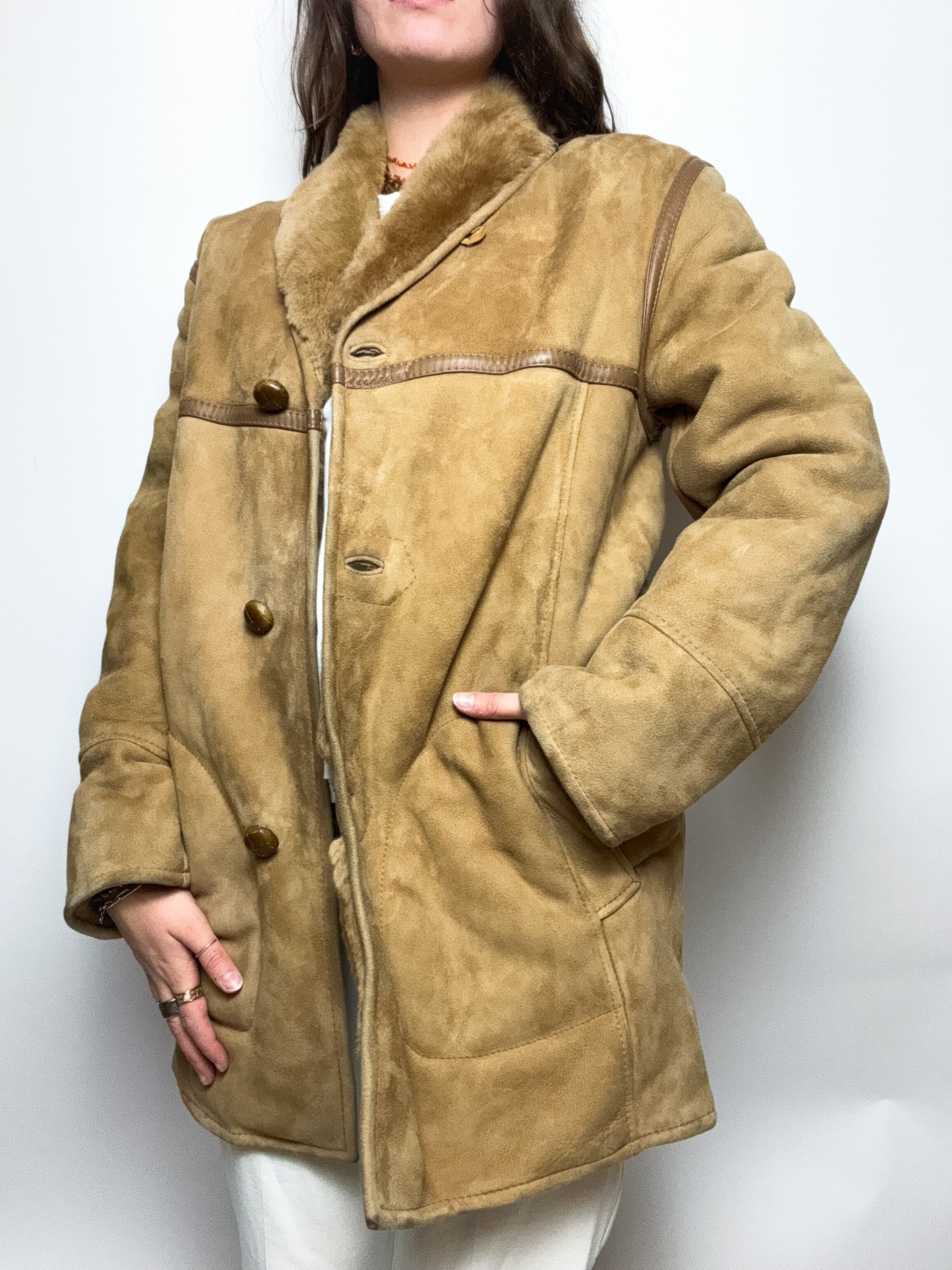 Manteau vintage en mouton retourné beige M/L