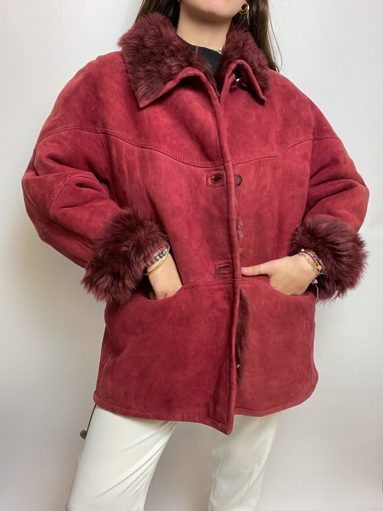 Vintage burgundy shearling coat L/XL 