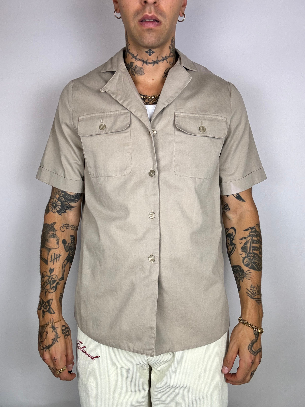 Beige denim short sleeve shirt