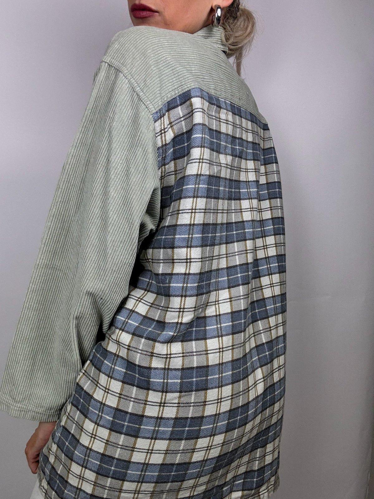 Vintage blue and gray plaid shirt with mesh sleeves