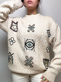 Paket 3 – Gemusterter weißer Strickpullover + Vintage-Weste M/L