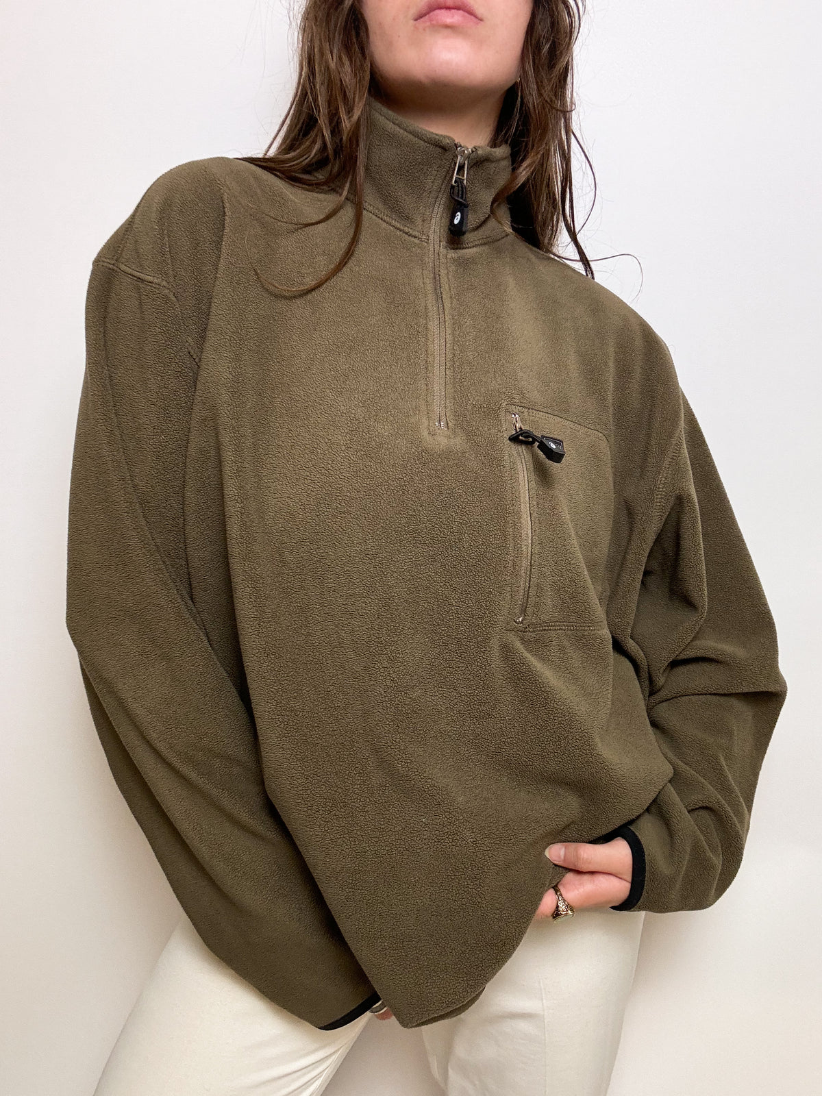 Vintage khaki Asics fleece sweater L/XL 