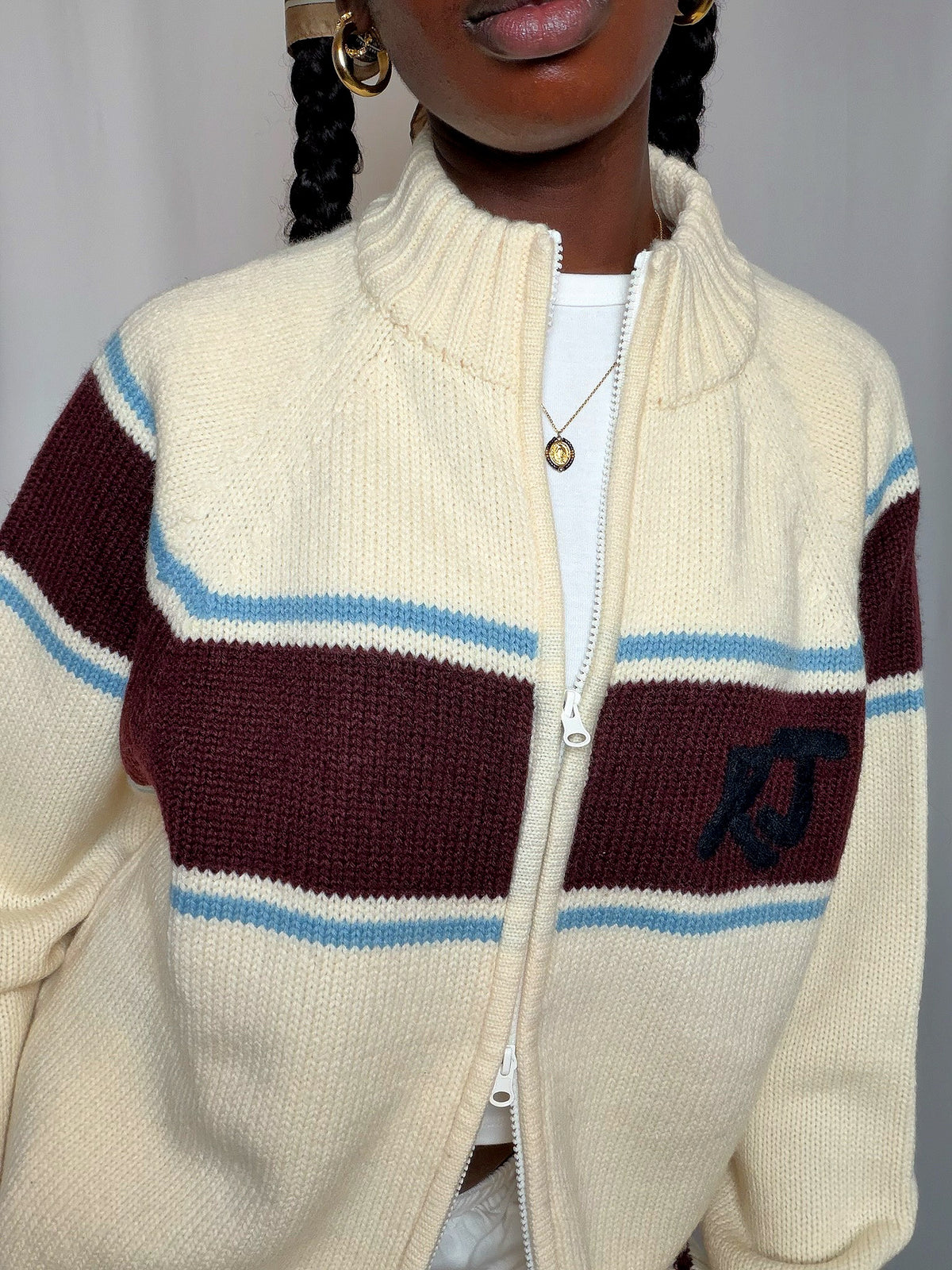 Cardigan à zip Ecru bordeaux et bleu Rifle XL vintage