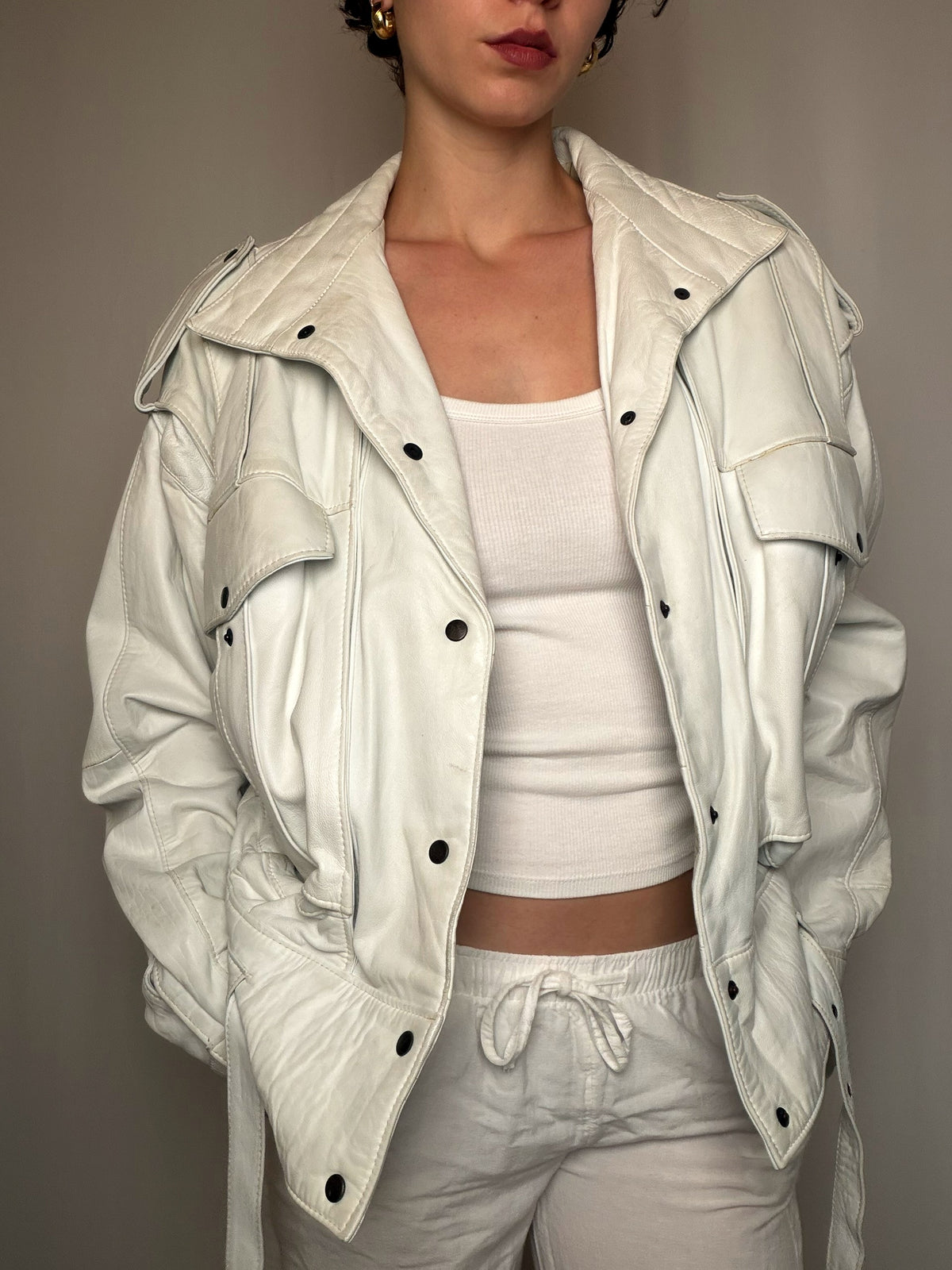 Veste en cuir Blanc Cassé M vintage