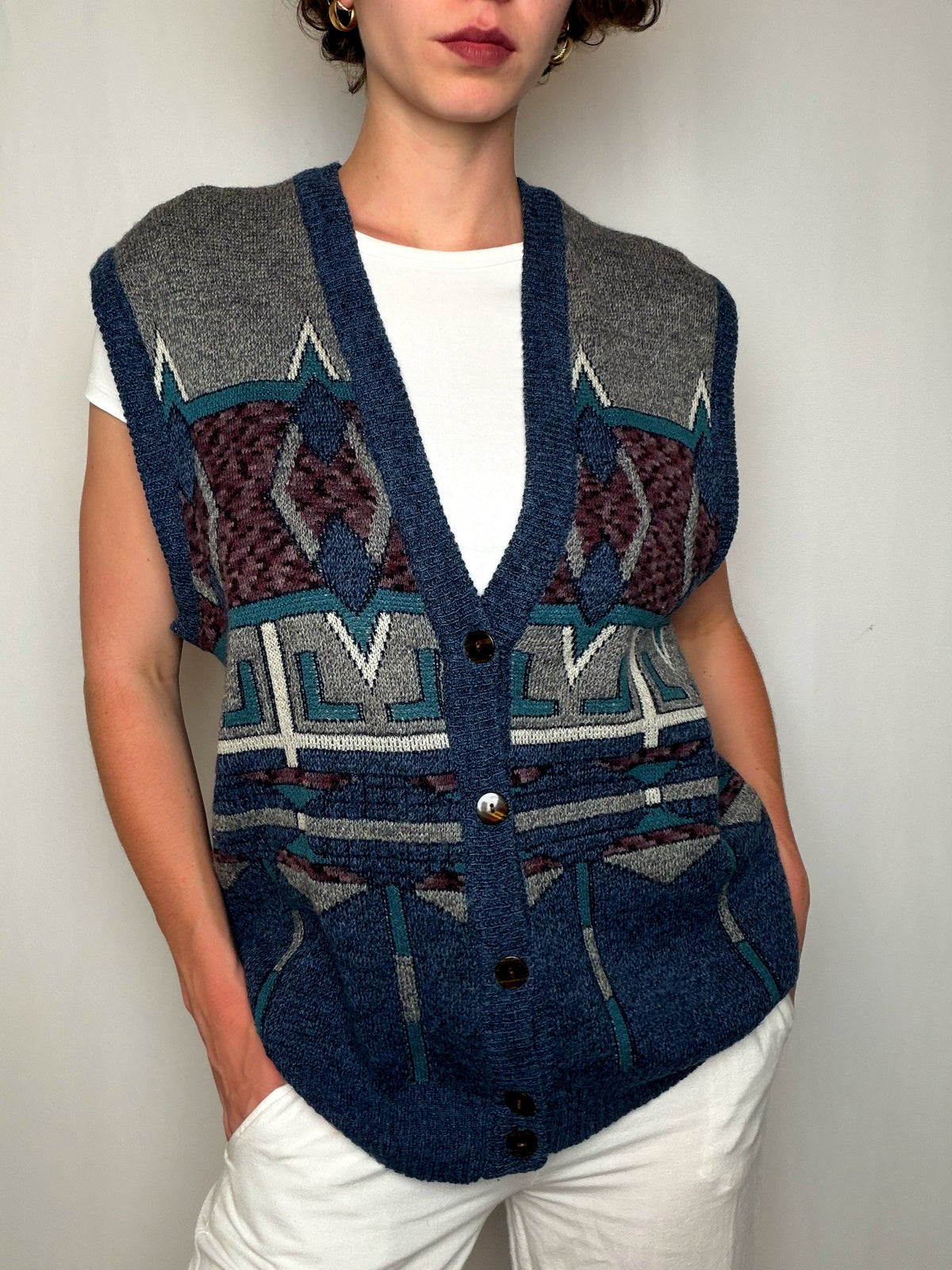 Gilet à motifs tricolores L vintage