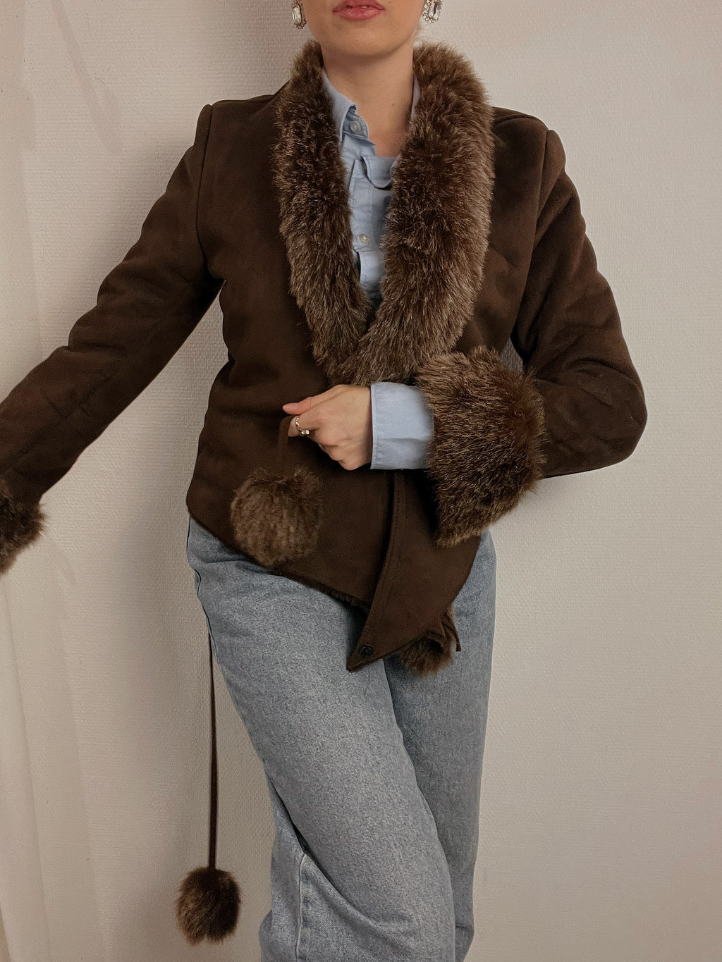 Veste courte vintage en mouton retourné brun XS/S