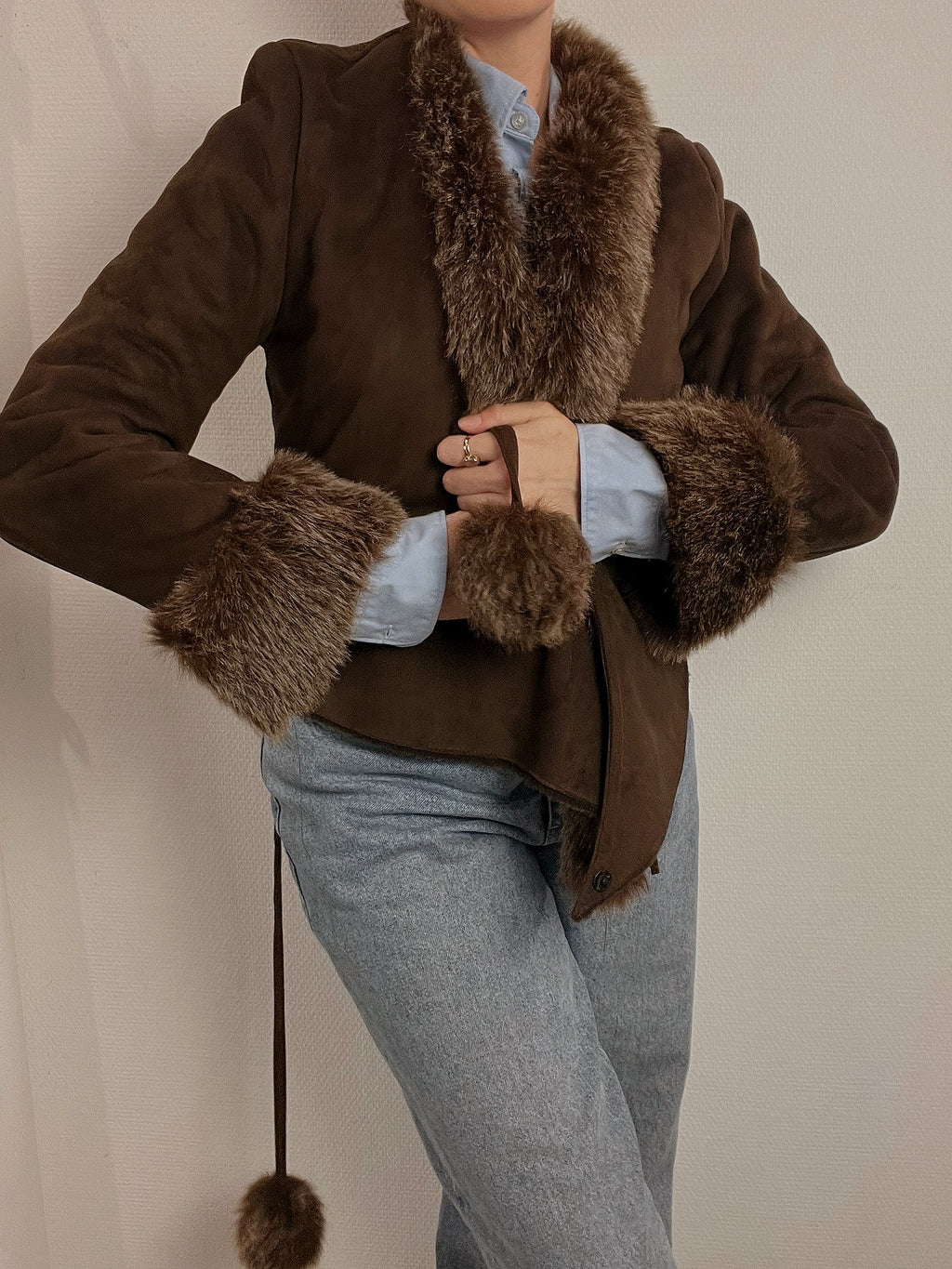 Veste courte vintage en mouton retourné brun XS/S