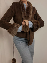 Veste courte vintage en mouton retourné brun XS/S