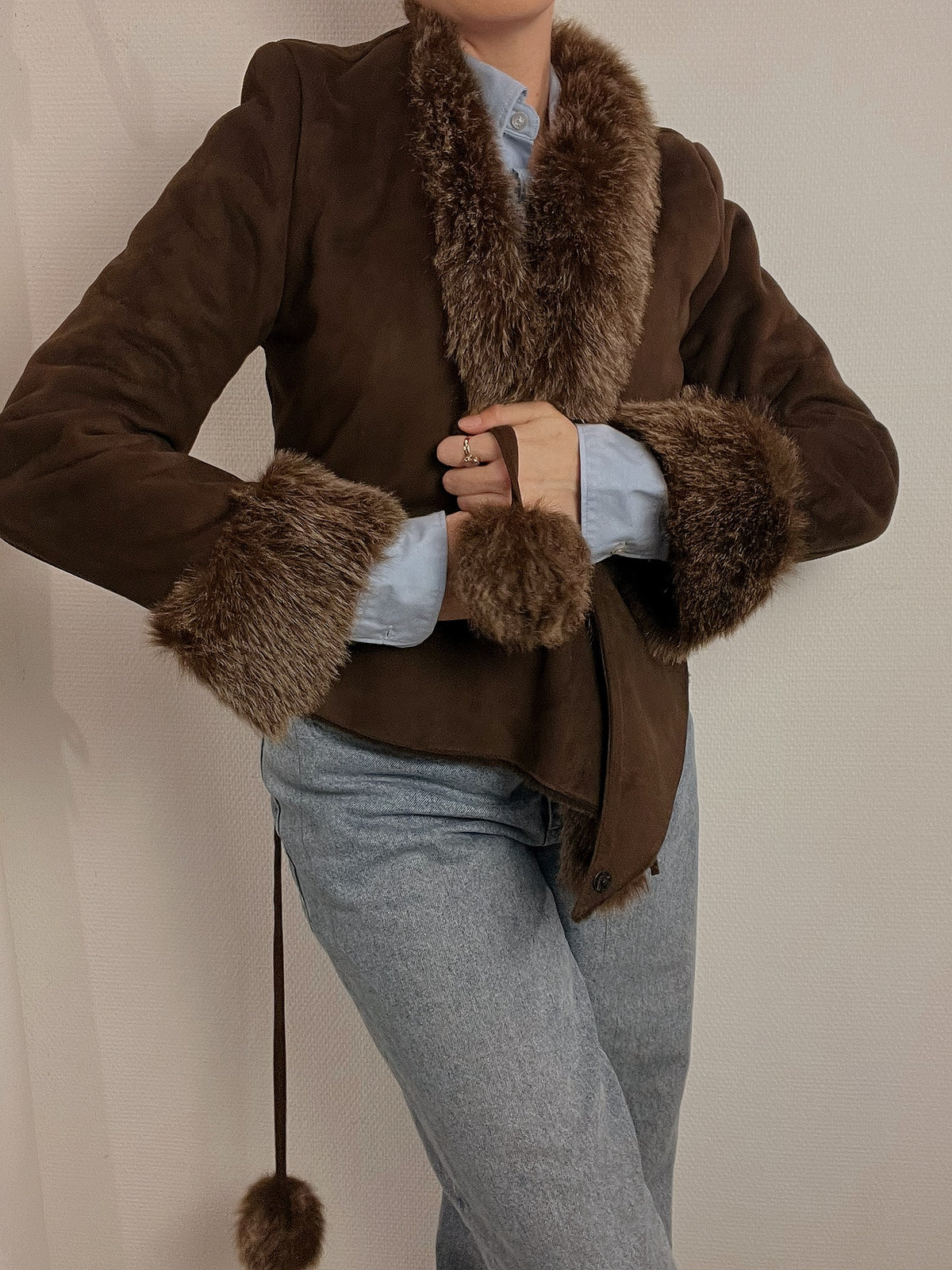 Veste courte vintage en mouton retourné brun XS/S