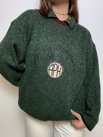 Grüner Wollpullover mit Vintage-Kragen L