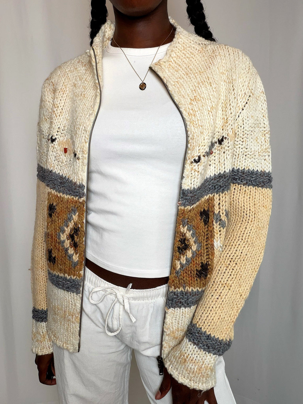 Cardigan à zip ecru à motifs S/M vintage