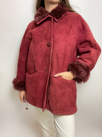 Manteau vintage en mouton retourné bordeau L/XL