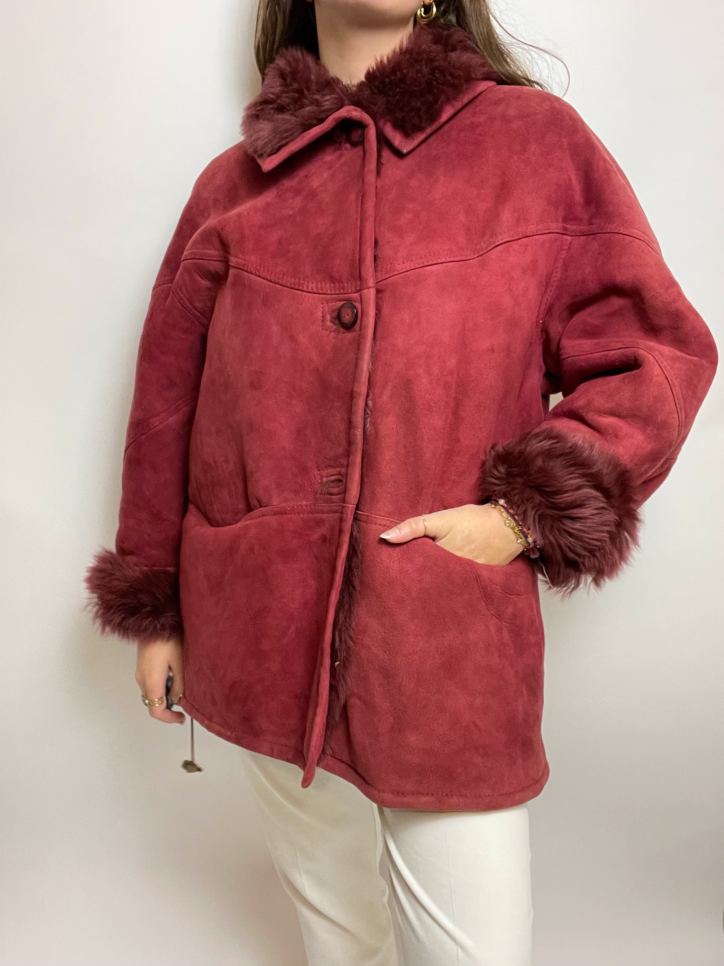 Manteau vintage en mouton retourné bordeau L/XL