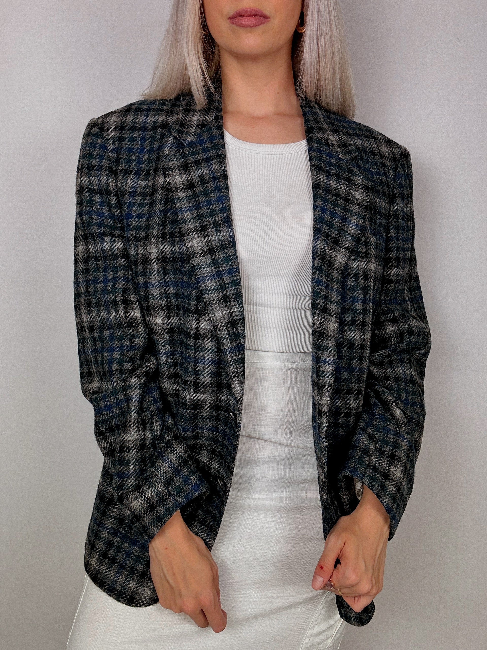 Blazer vintage oversize à carreaux bleu