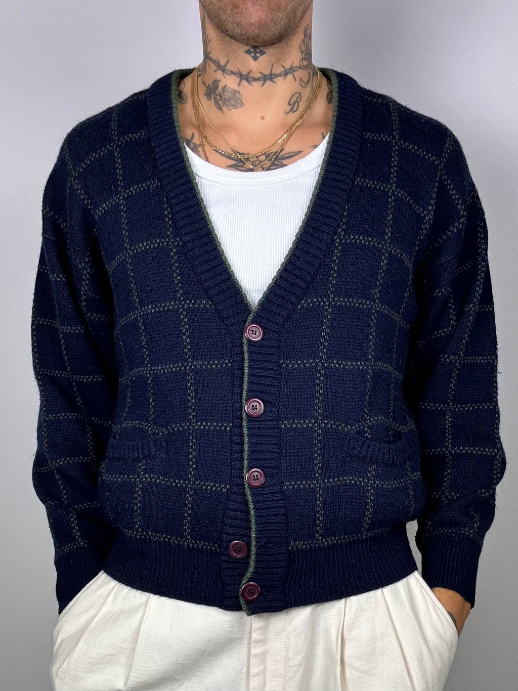 Green/blue plaid button cardigan