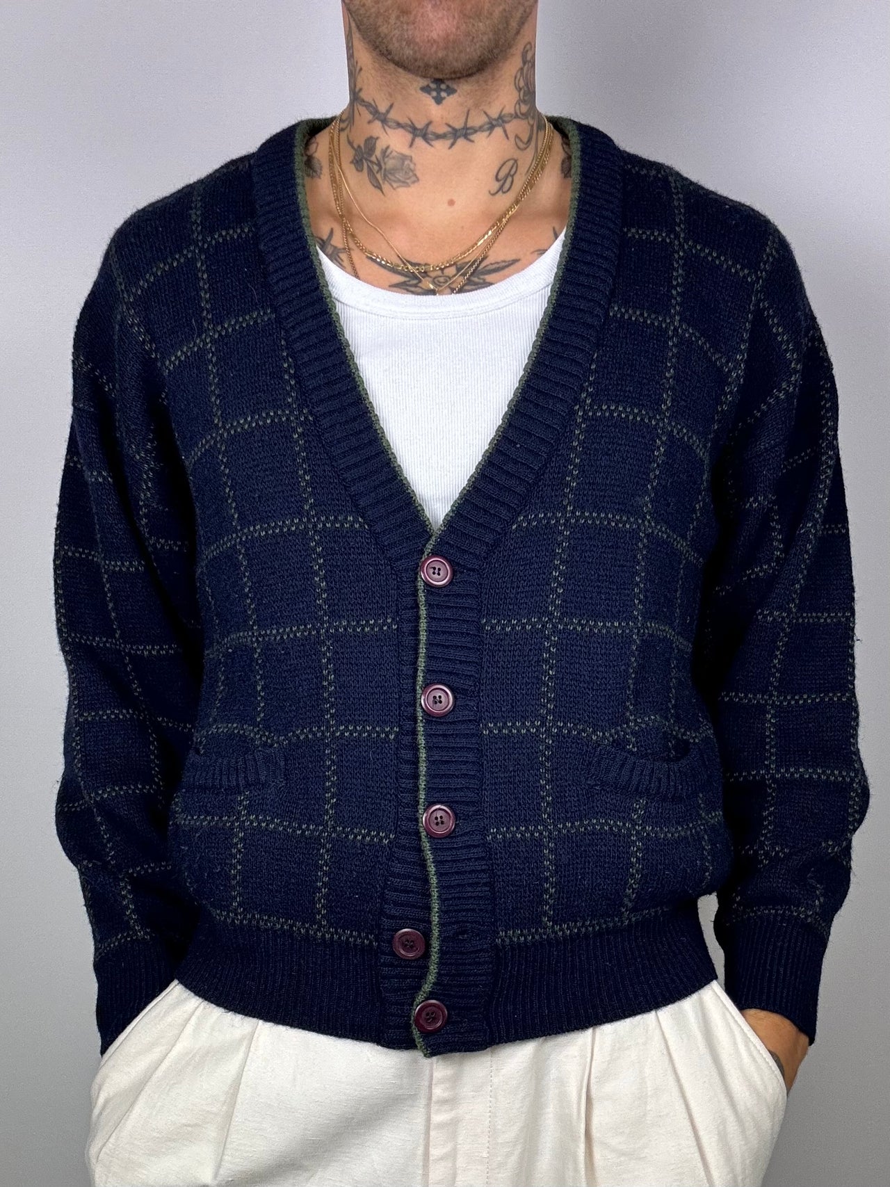 Cardigan à carreaux vert/bleu à bouton