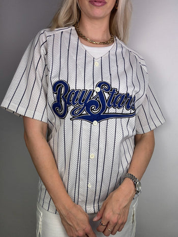 White and blue striped baseball jersey