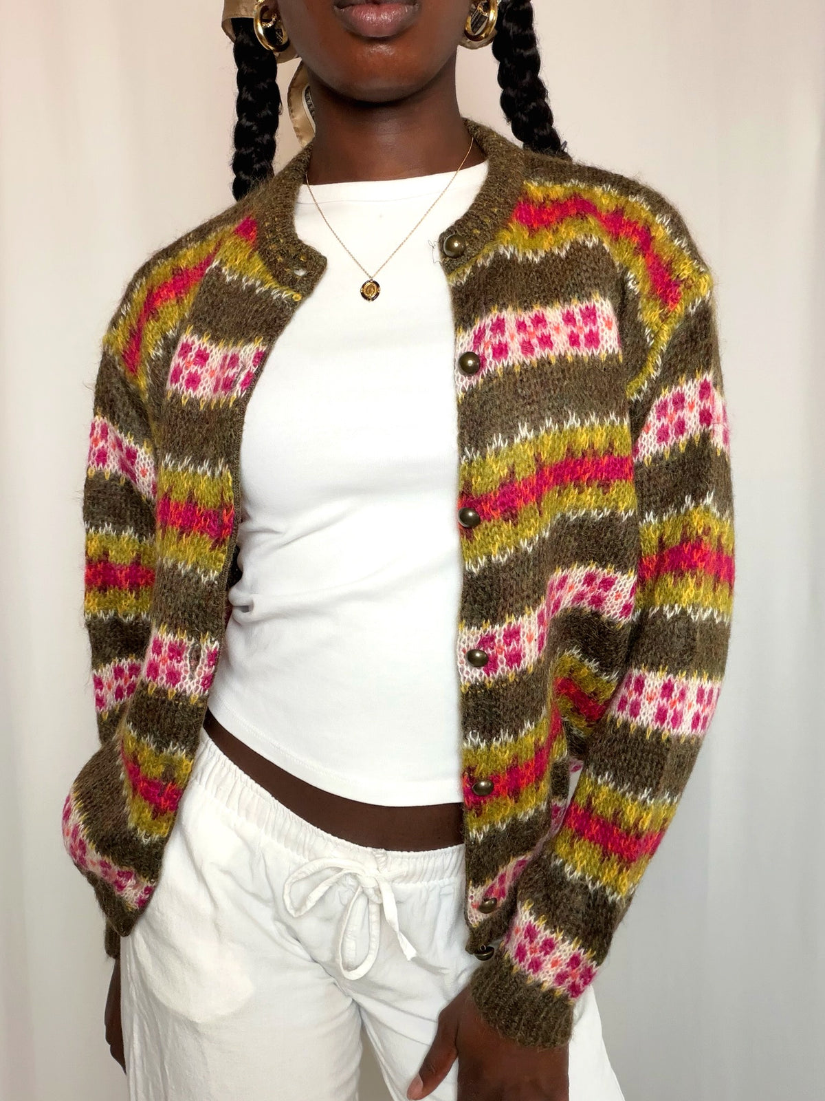 Cardigan rayé vert et rose Benetton S vintage