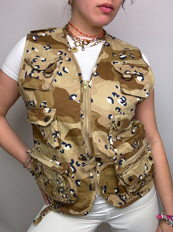 Vintage beige/brown camouflage fisherman's vest S/M