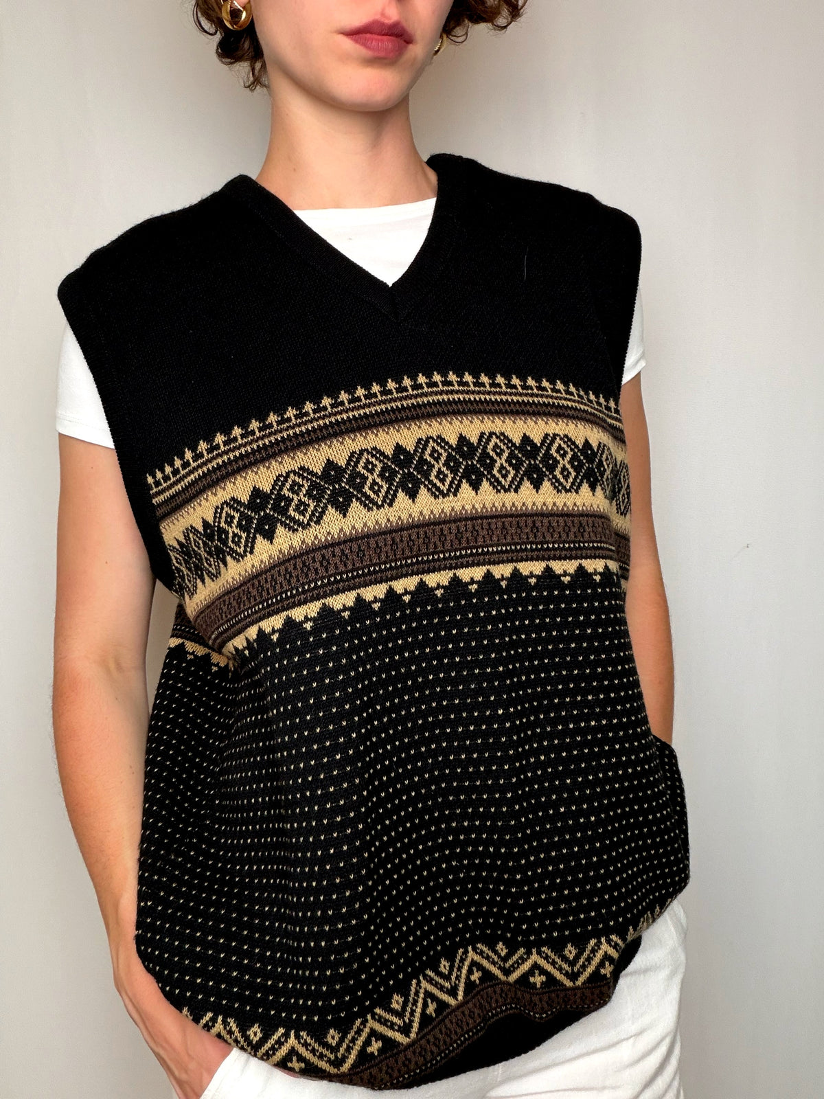 Gilet Noir Et Beige À Imprimé Géométrique vintage