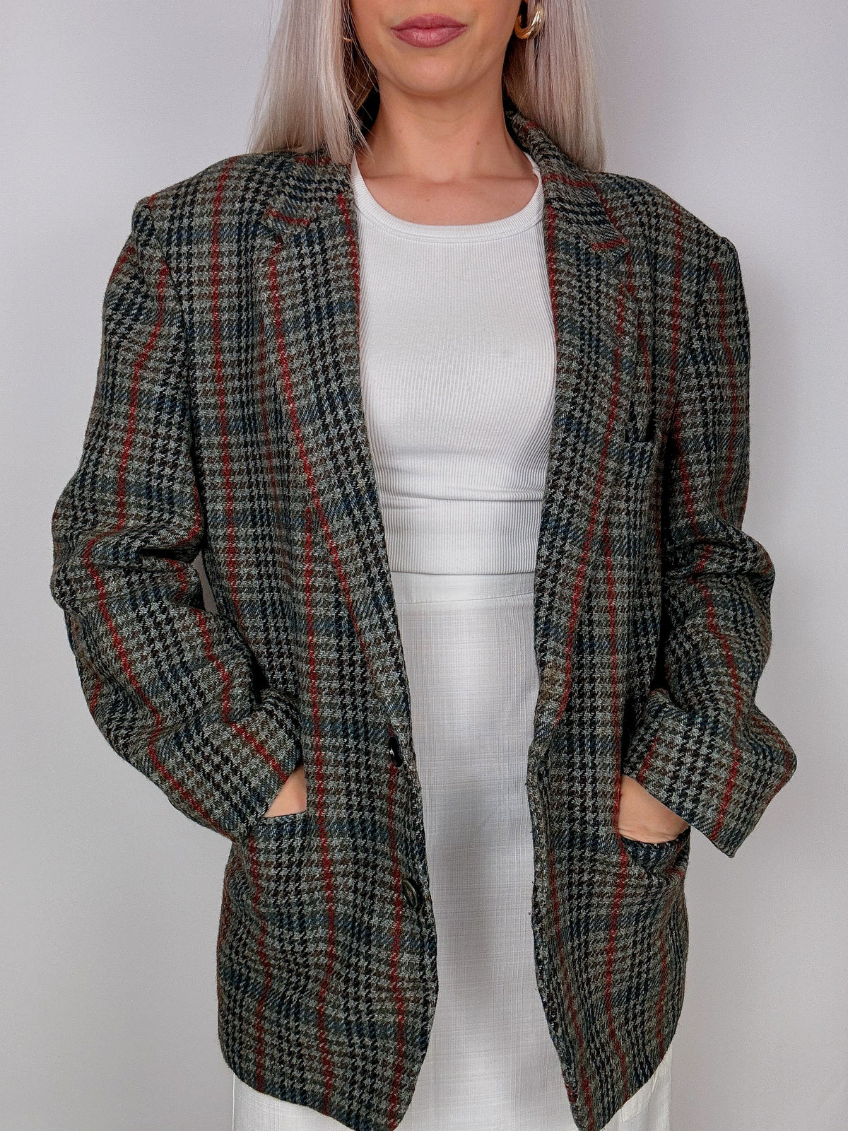 Vintage grey-blue plaid blazer jacket