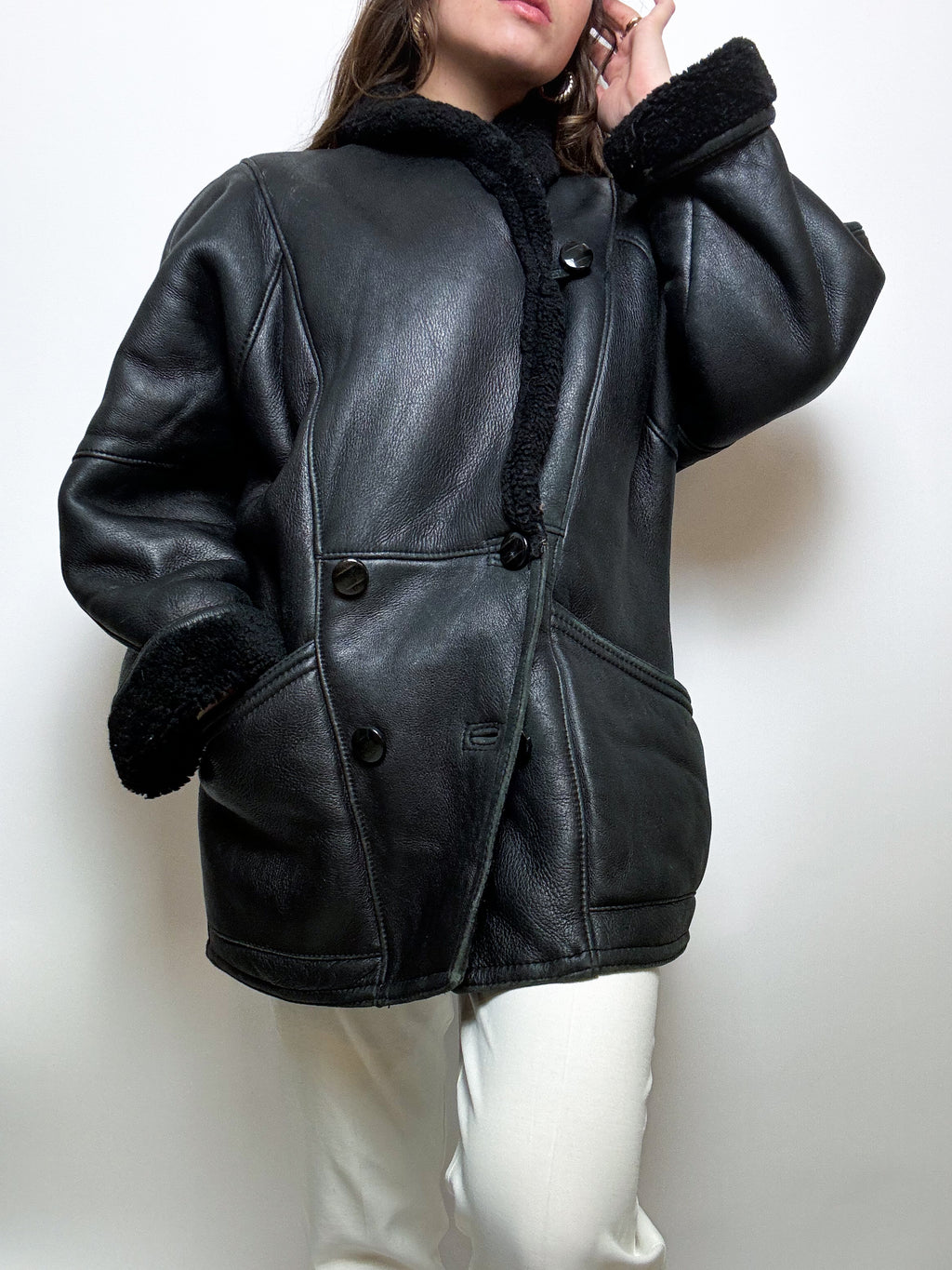 Manteau en cuir et mouton retourné noir M/L