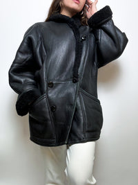 Manteau en cuir et mouton retourné noir M/L