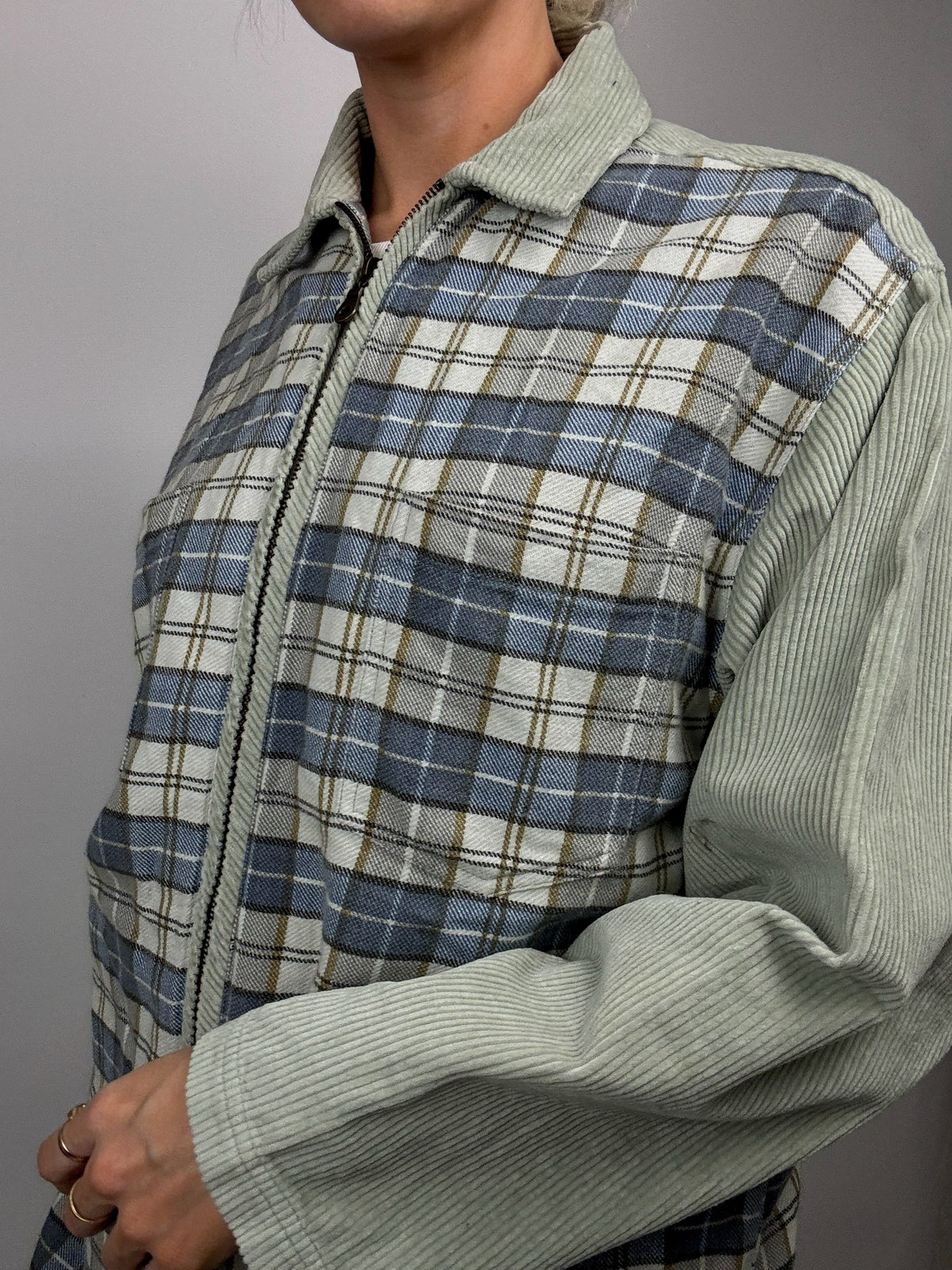 Vintage blue and gray plaid shirt with mesh sleeves