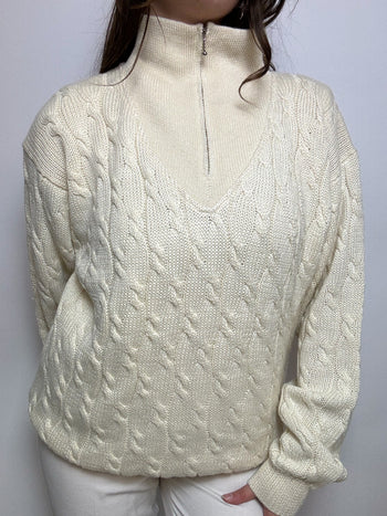 Cream white wool sweater with vintage zip L/XL 