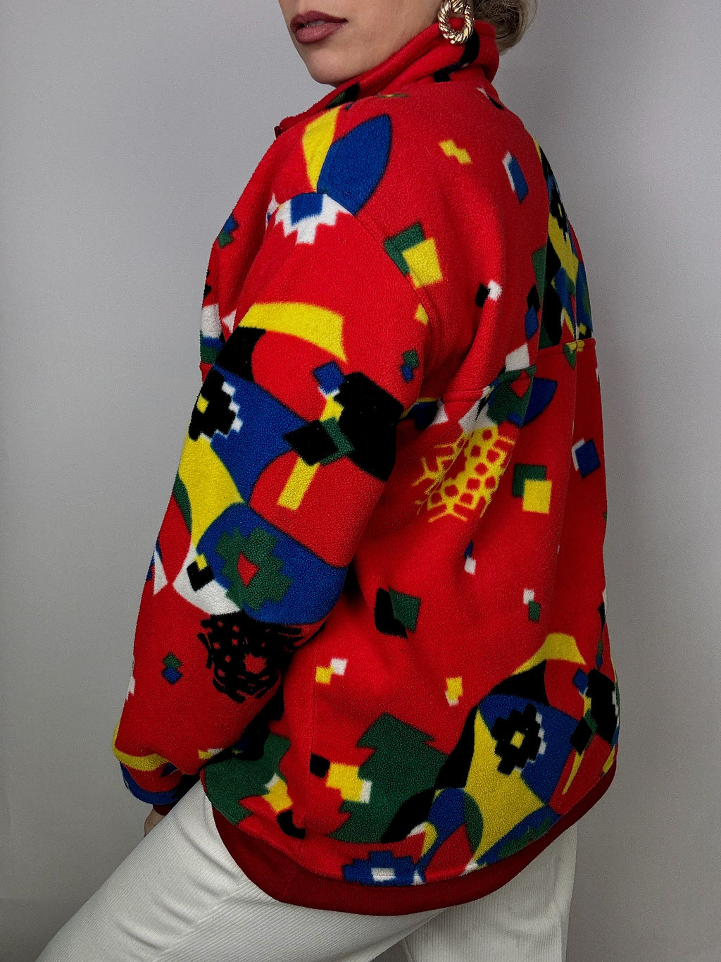 Rot/Gelb/Blau/Grün gemusterter Fleece mit Reißverschluss