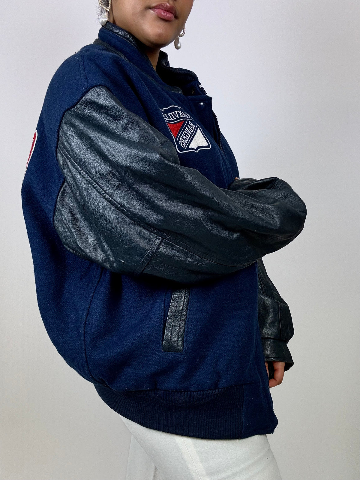 American bomber navy blue/black leather sleeves Vintage L