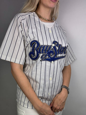 White and blue striped baseball jersey