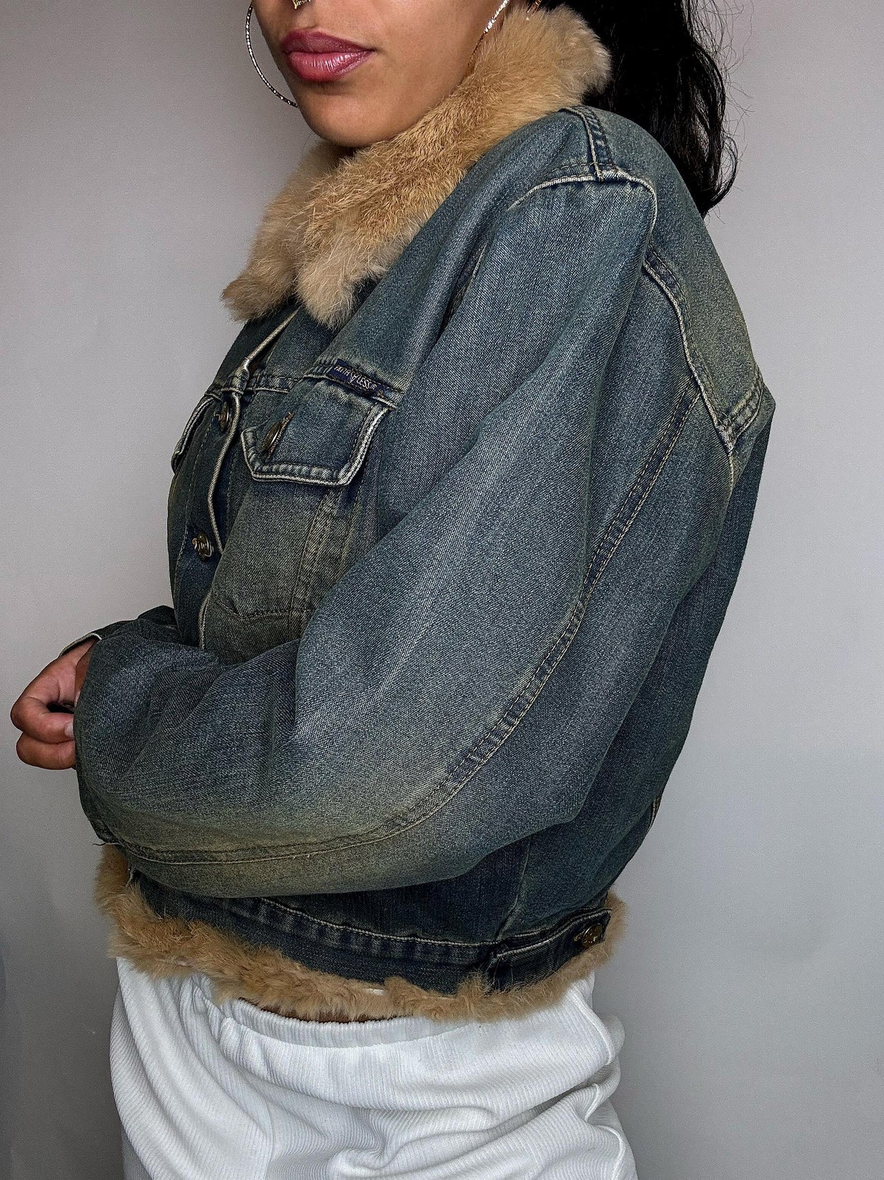Veste courte en denim vert fourée