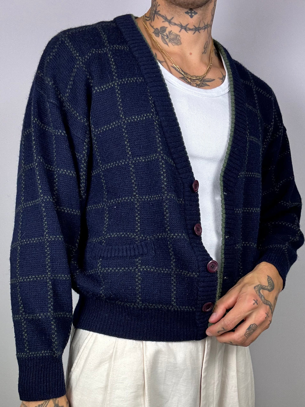 Green/blue plaid button cardigan